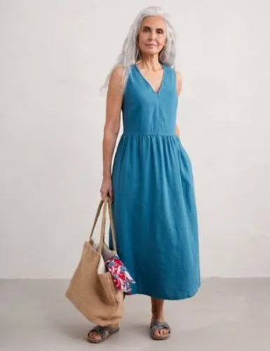 Seasalt Cornwall Womens Pure Linen V-Neck Midaxi Waisted Dress - 12 - Blue, Blue