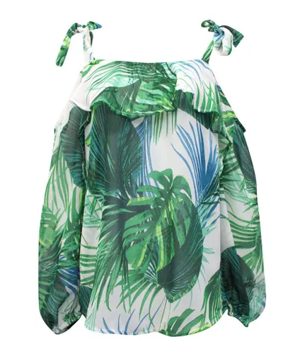 Secret Label Womens Tropical Leaf Print Cold Shoulder Blouse - Green