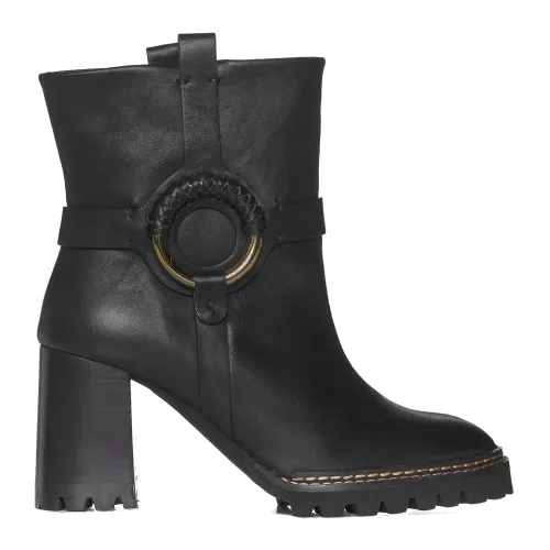 See by Chloé , Black Leather Ankle Boots with Metal Hardware ,Black female, Sizes: