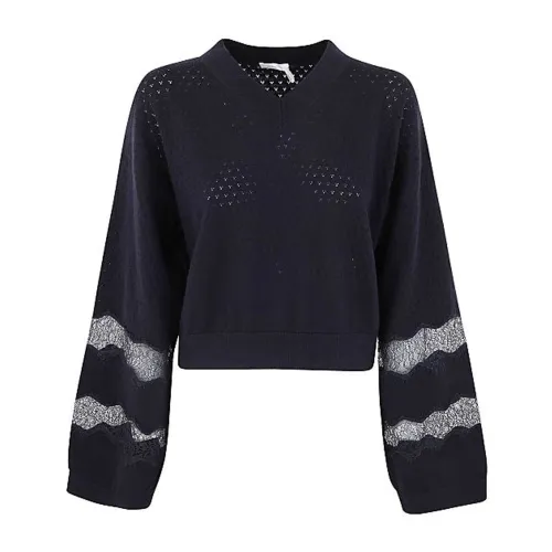 See by Chloé , Blue Cotton Cashmere Sweater with Lace Inserts ,Blue female, Sizes: