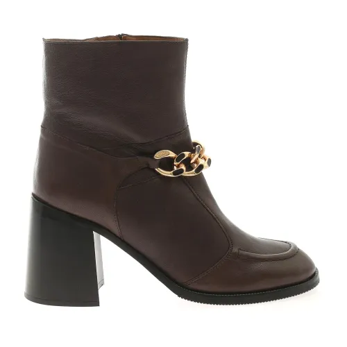 See by Chloé , Mahe Booties - Brown Leather Ankle Boots with Golden Chain ,Black female, Sizes: