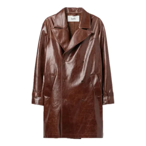 Séfr , Tumbled Leather Double Breasted Coat ,Brown male, Sizes: