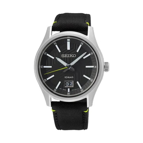 Seiko , Quartz Watch with Black Dial and Leather Strap ,Black male, Sizes: ONE SIZE