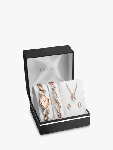 Sekonda 2750G.76 Women's Crystal Bracelet Strap Watch, Bracelet, Necklace and Stud Earrings Jewellery Gift Set, Rose Gold - Rose Gold - Female
