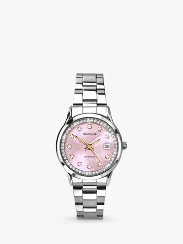Sekonda 40475.27 Women's Crystal Mother of Pearl Date Bracelet Strap Watch, Silver/Pink - Silver/Pink - Female