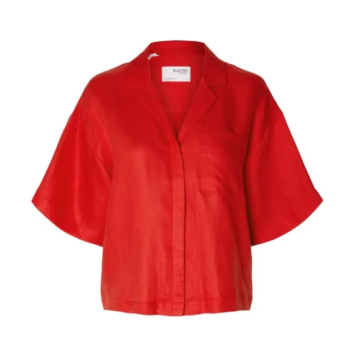 Selected Femme , Boxy Revers Linen Shirt - Flame Scarlet ,Red female, Sizes: