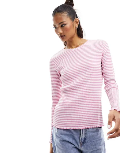 Selected Femme long sleeve ribbed tee with lettuce hem in pink and white stripe-Multi