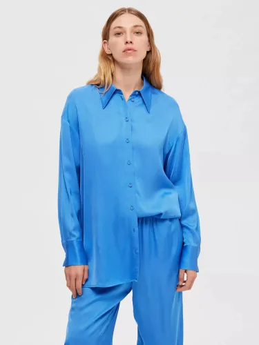 SELECTED FEMME Long Sleeve Satin Shirt, Nebulas Blue - Nebulas Blue - Female