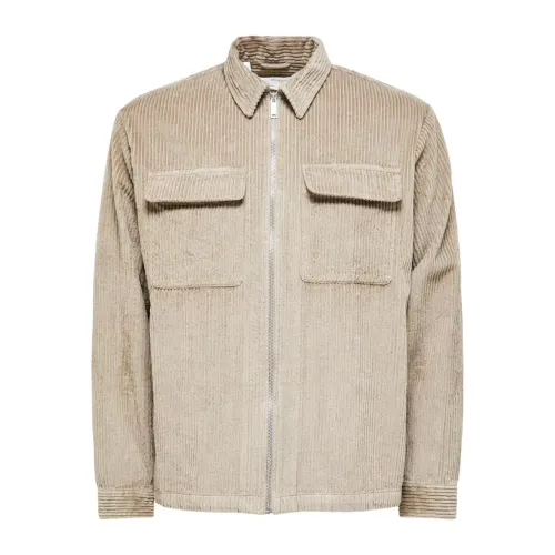 Selected Homme , Beige Zip-Up Classic Shirt for Men ,Beige male, Sizes: