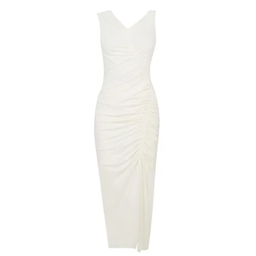 SELF PORTRAIT Asymmetric Ruched Jersey Midi Dress - White