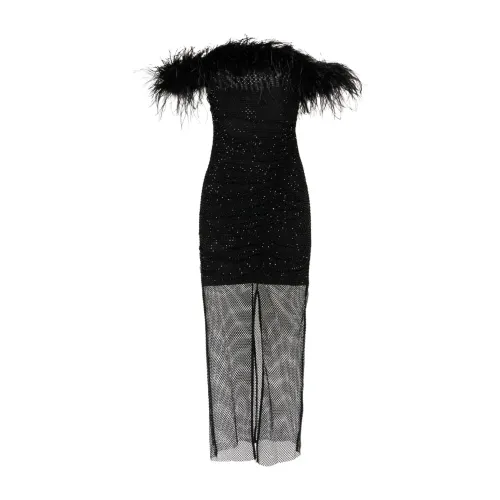 Self Portrait , Black Feather Midi Dress with Off-the-Shoulder Neckline ,Black female, Sizes: