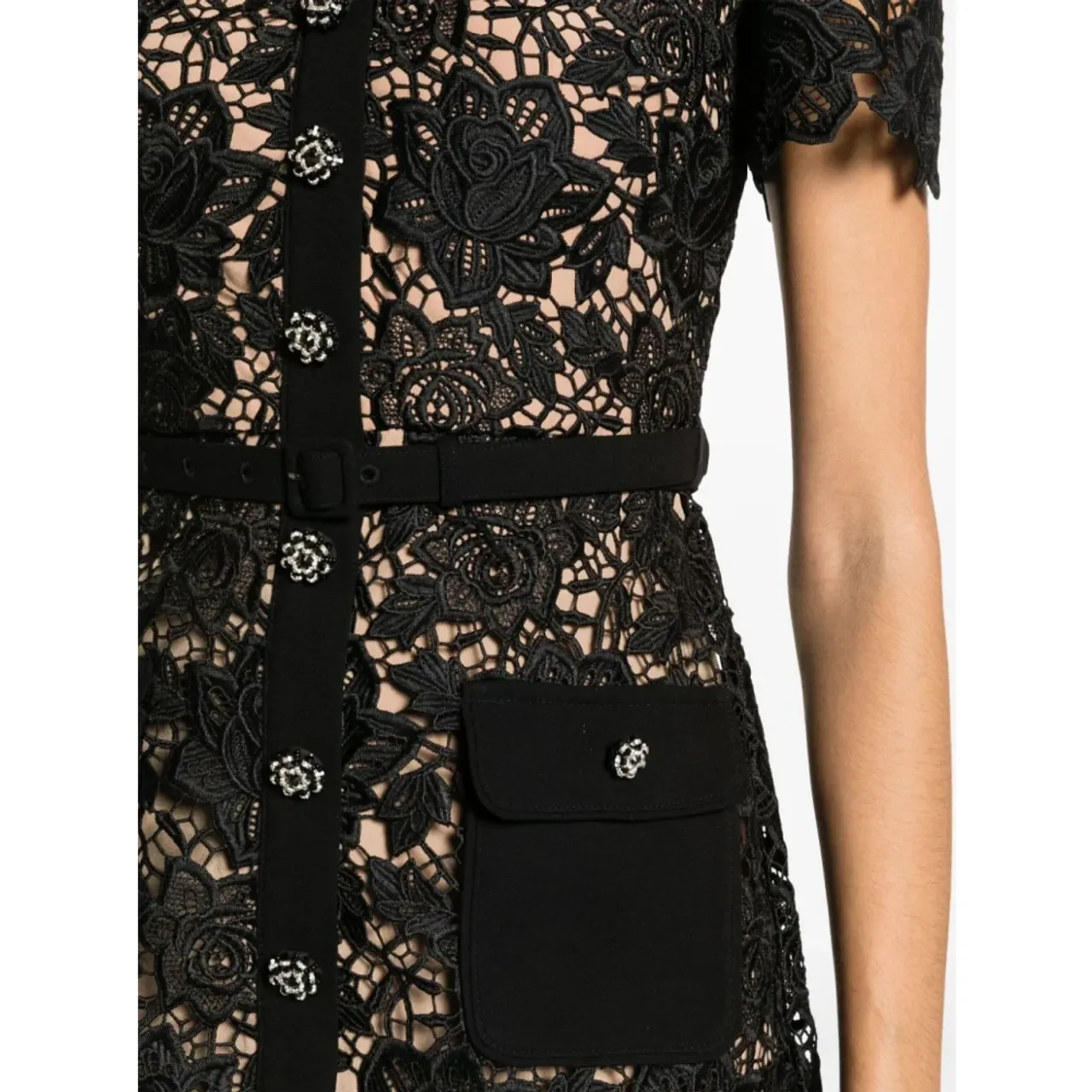 Self Portrait , Black Lace Dress with Diamond Buttons ,Black female, Sizes: