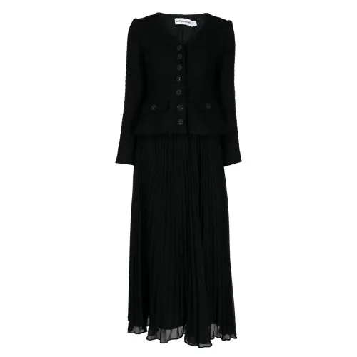 Self Portrait , Elegant Black Boucle Chiffon Midi Dress ,Black female, Sizes: