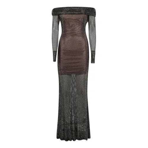 Self Portrait , Elegant Rhinestone Fishnet Maxi Dress ,Black female, Sizes:
