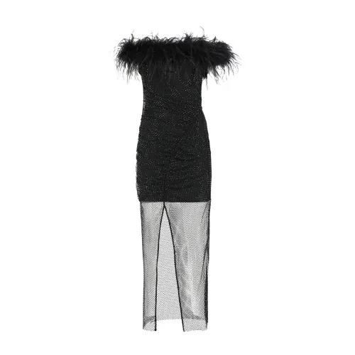 Self Portrait , Feathered Sleeveless Black Dress with Rhinestones ,Black female, Sizes: