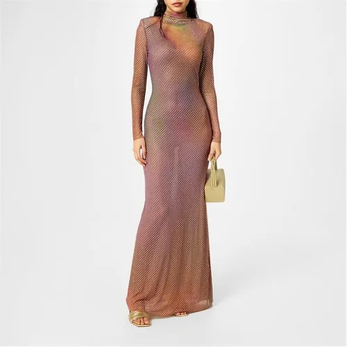 SELF PORTRAIT Iridescent Printed Rhinestone Maxi Dress - Beige