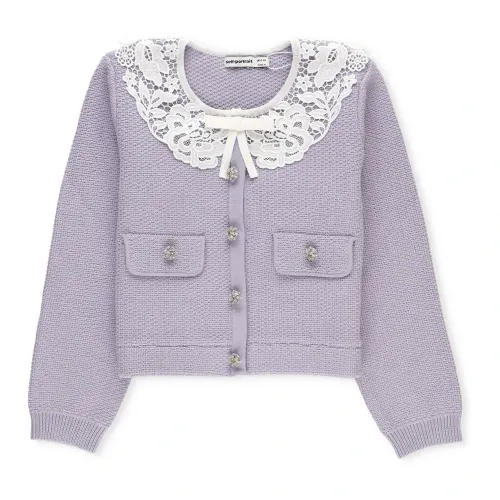 Self Portrait , Lilac Knitted Cardigan with Lace Collar ,Purple female, Sizes: