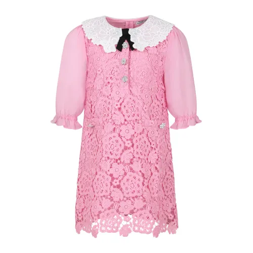 Self Portrait , Pink Elegant Dress with Lace Collar and Rhinestone Buttons ,Pink female, Sizes: