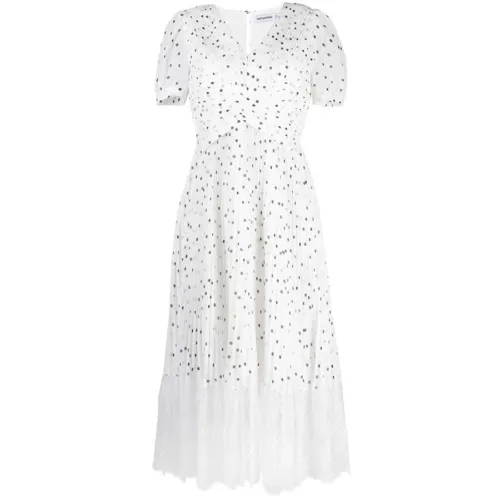 Self Portrait , Polka-dot Lace-Trim Midi Dress ,White female, Sizes: