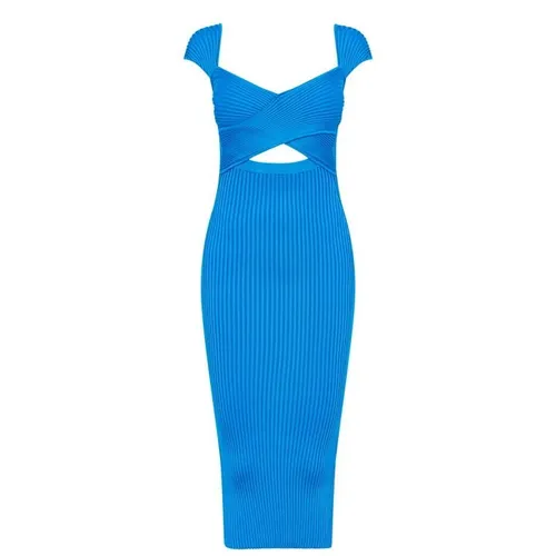 SELF PORTRAIT Ribbed Crossover Dress - Blue