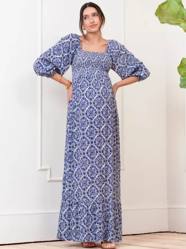 Seraphine Lally Tile Print Shirred Bodice Maxi Maternity Dress, Blue/Multi - Blue/Multi - Female