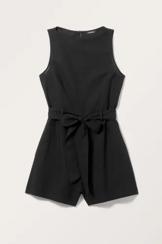 Sheer Linen Blend Mini Jumpsuit - Black
