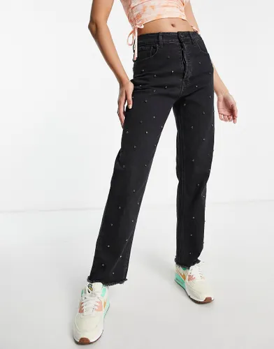 Signature 8 all over embellished straight leg jean in wash black