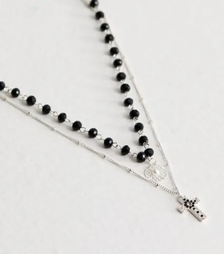 Silver Beaded Layered Cross Pendant Necklace New Look