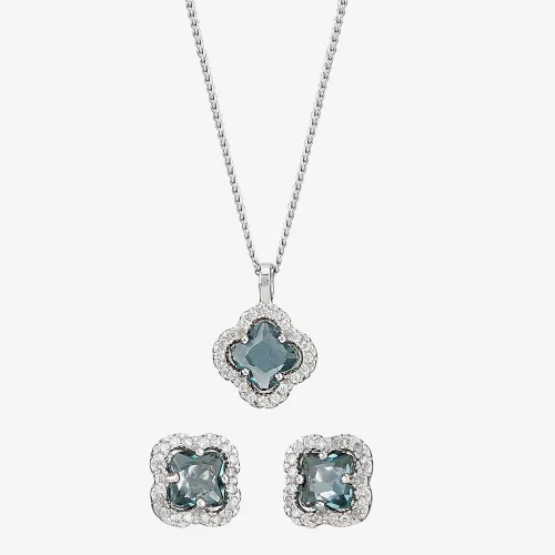 Silver Blue Cubic Zirconia Flower Pendant and Earring Set E613042+SS50-P