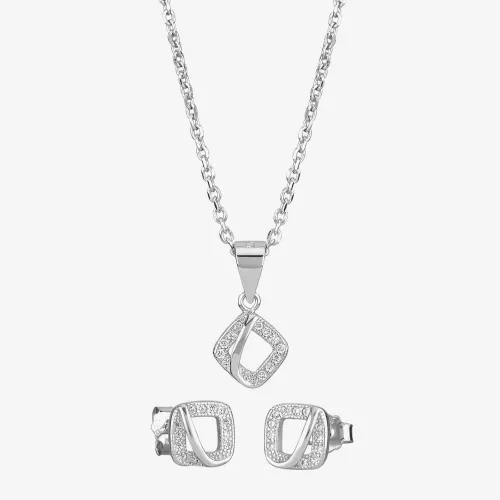 Silver Cubic Zirconia Open Square Pendant and Earring Set E610858+E610858-P