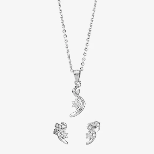 Silver Cubic Zirconia Swirl Flower Pendant and Earring Set E614543+P613937