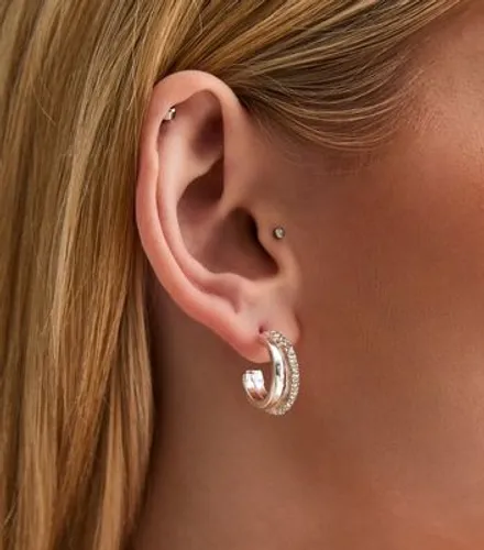 Silver Diamanté Double Mini Hoop Earrings New Look