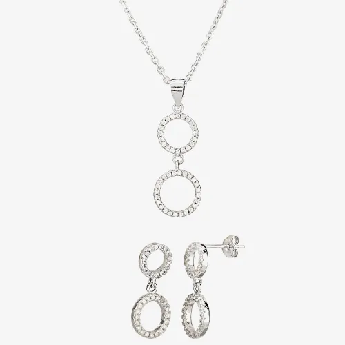 Silver Double Cubic Zirconia Halo Pendant and Dropper Earring Set SET12519