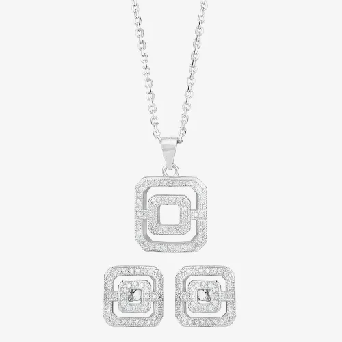 Silver Pavé Open Square Pendant and Earring Set E611954+P612150