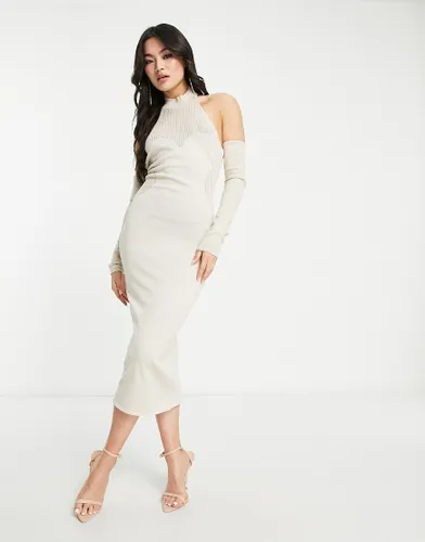 Simmi knitted contour halter neck midi dress with sleeve detail in cream-White