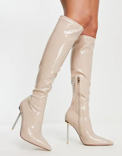 Simmi London Demi knee boots with diamante stiletto heel in beige patent-Neutral
