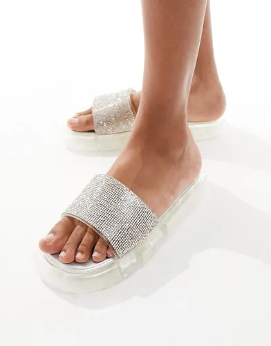 Simmi London Fan flat sandal with embellished upper in silver-Clear