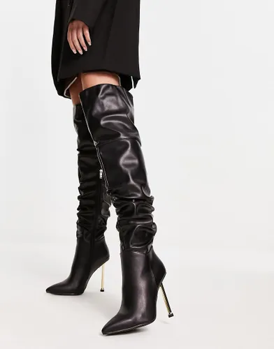 Simmi London oleen ruched stiletto thigh high boots in black