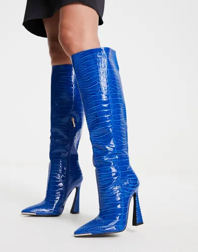 Simmi London Ravi flare heel knee boots in cobalt blue croc
