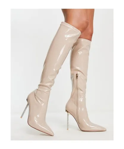 SIMMI Shoes Womens London Demi knee boots with diamante stiletto heel in beige patent-Neutral