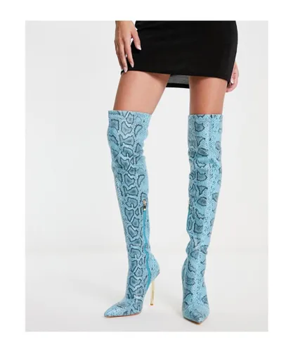SIMMI Shoes Womens London Duke stiletto heel over the knee boots in blue snake print-Multi