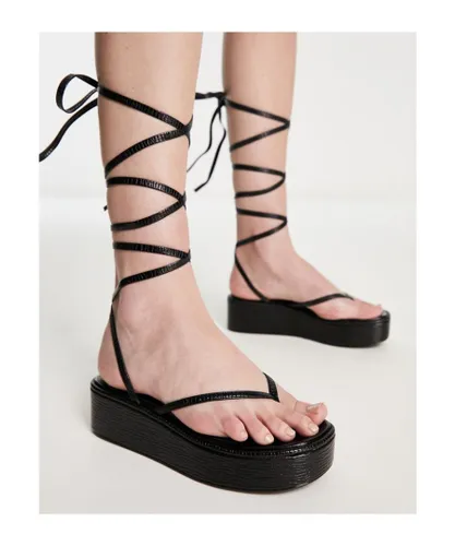 SIMMI Shoes Womens London talia lace up toe thong flatform sandals in black
