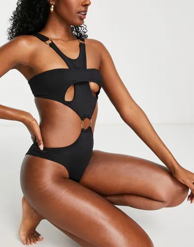 Simmi strappy ring detail cut out swimsuit in black