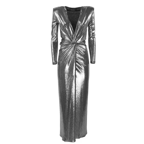 Simona Corsellini , Long Sleeve Lurex Dress with Silver Str Choker ,Gray female, Sizes: