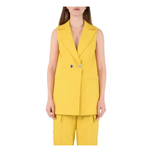 Simona Corsellini , Long Tramato Luxury Vest with Pockets ,Yellow female, Sizes: