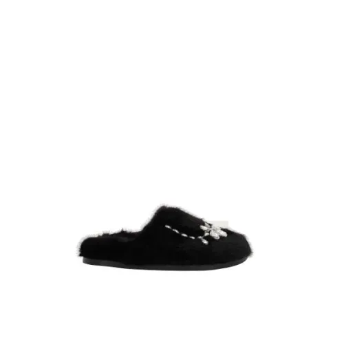 Simone Rocha , Black Faux Fur Mule Sandals with Floral Embroidery ,Black female, Sizes: