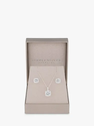 Simply Silver Halo Square Cubic Zirconia Pendant Necklace & Stud Earrings Jewellery Set, Silver - Silver - Female