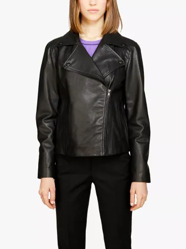 SISLEY Regular Fit Leather Biker Jacket, Black - Black - Female