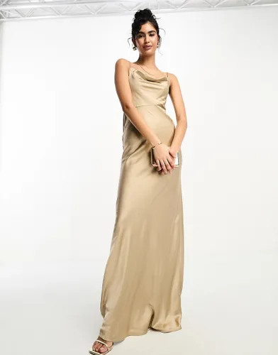 Six Stories Bridesmaids cowl front satin slip dress in champagne-Gold