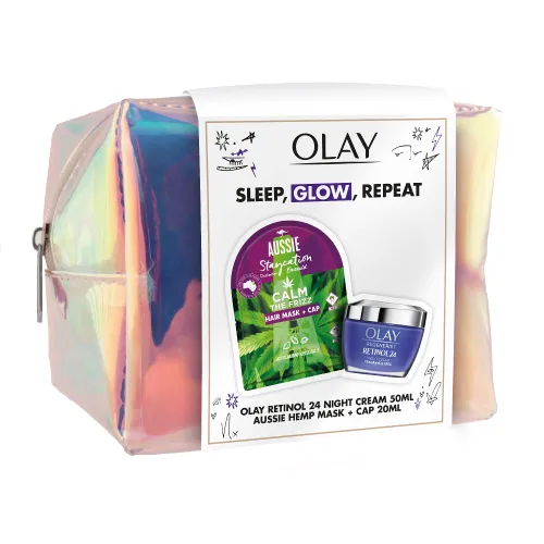 Sleep, Glow, Repeat. Olay + Aussie Giftset. Olay Retinol24